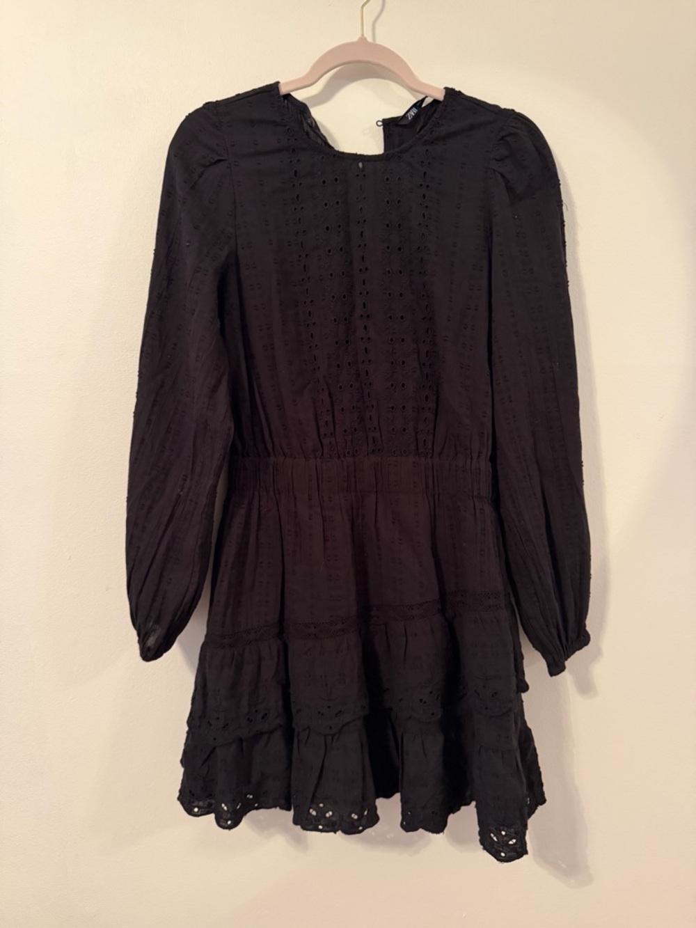 Zara Black Eyelet Tiered Long-Sleeve Dress